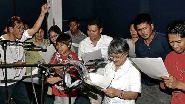 THE DRAMA queen Eloisa Cruz Canlas (third from right) and her troupe of voice talents in one of their ensemble performances. RICHARD REYES