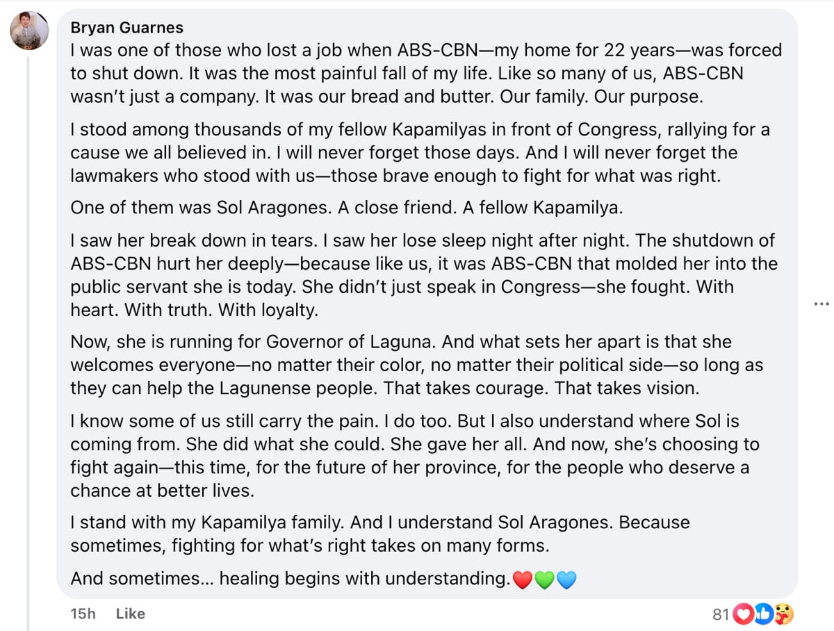 Ging Reyes dismayed over Sol Aragones supporting Rodante Marcoleta