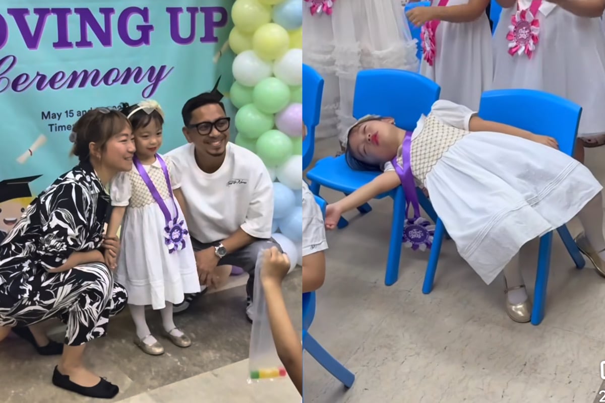 Jhong Hilario’s daughter Sarina falls asleep during moving up ceremony
